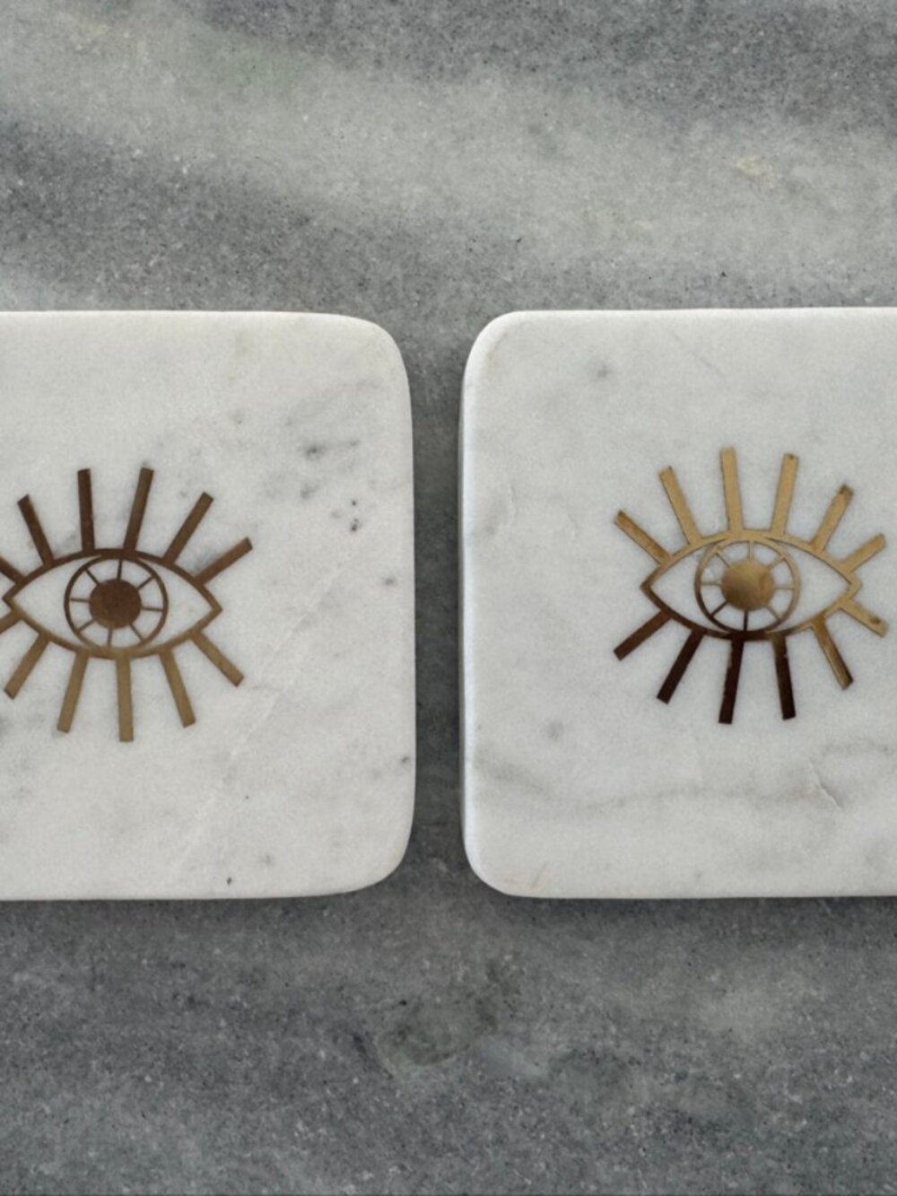 White Marble Evil Eye Coasters Set of 2 Brass Inlay Handmade India 4in